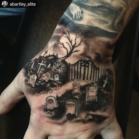 Adam Bartley did this freehand graveyard on Paul not too long ago. It's never too early in the year to get ~spooky~ Simplicity Tattoos, Tombstone Tattoo, Graveyard Tattoo, Zombie Tattoos, Grave Yard, Reaper Tattoo, Skull Sleeve Tattoos, Knuckle Tattoos, Web Tattoo