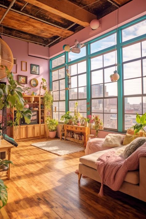 Wood And Colorful Interior, Aesthetic House Interiors Colorful, Pastel Home Design, Pastel Industrial Interior, Pastel Cottagecore Living Room, Cozy Pastel Aesthetic, Colorful Cozy Home, Pastel House Interior, Pastel Colors Room