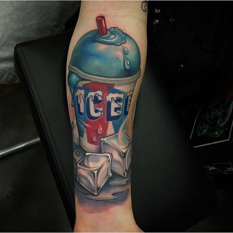 ❄️ Since it's hot as HELL in Miami today. Here's a refreshing icee by @timmy_b_413. ❄️ Weird if we wanna lick it, right? Delirium  caused by the heat. ❄️ #hushanesthetic #tattoo #tattoos #inked #tatted #tattooed Convention Tattoo, Food Tattoos, 3 Tattoo, Preschool Arts And Crafts, Painting Tattoo, Inked Magazine, Slushies, Preschool Art, It's Hot