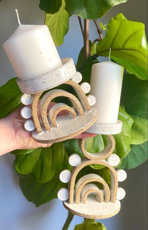 Ideas For Ceramics Projects, Handmade Pottery Candle Holder, Quick Ceramic Projects, Handmade Ceramic Candle Holders, Candle Ceramic Holder, Air Dry Clay Jar Ideas, Ceramic Candle Holders Handmade, Diy Ceramic Gifts, Pottery Candle Holders Ideas