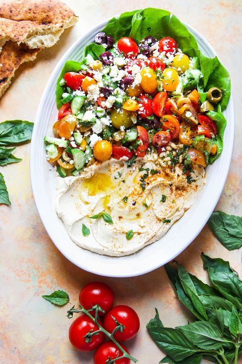 Humus Salad Recipe, Mediterranean Hummus Salad, Dishes Photography, Salad With Hummus, Salad Hummus, Mediterranean Hummus, Garden In The Kitchen, Cucumber Feta Salad, Hummus Salad