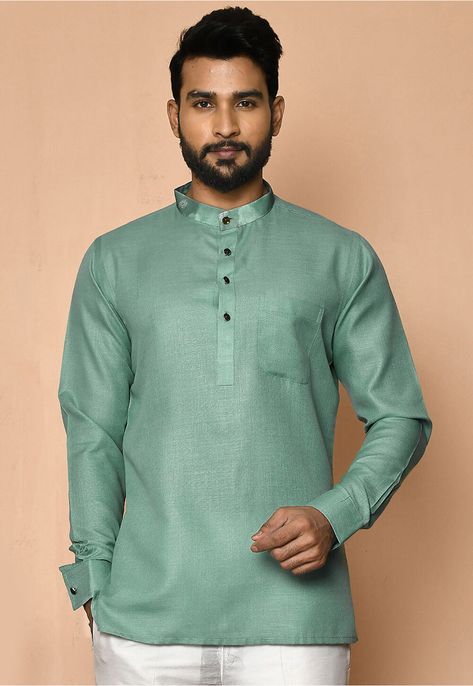 Readymade Cotton Short Kurta in Light Teal Green This Collar Neck and Full Sleeve attire is Allured with Buttons and Digital Print Do note: Bottom and Footwear shown in the image is for presentation purposes only. Half to one inch may vary in measurement. (Slight variation in actual color vs. image is possible) Half Kurta For Men, Short Kurti Designs, Short Kurtas, Vs Image, Mehendi Outfit, Mens Kurta Designs, Short Kurta, Short Kurti, Utsav Fashion