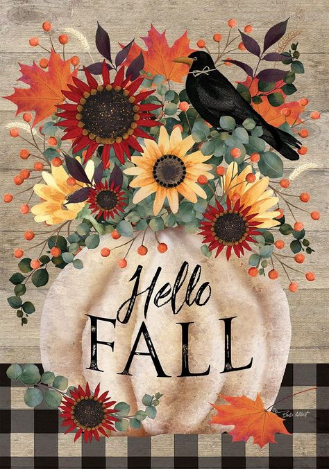 Pumpkin & Crow Hello Fall Garden Flag - Kitty Hawk Kites Online Store Autumn House, Fall Flags, Fall Clip Art, Fall Canvas Painting, Pumpkin Garden, Fall Garden Flag, Floral Pumpkin, Primitive Fall, Autumn Painting