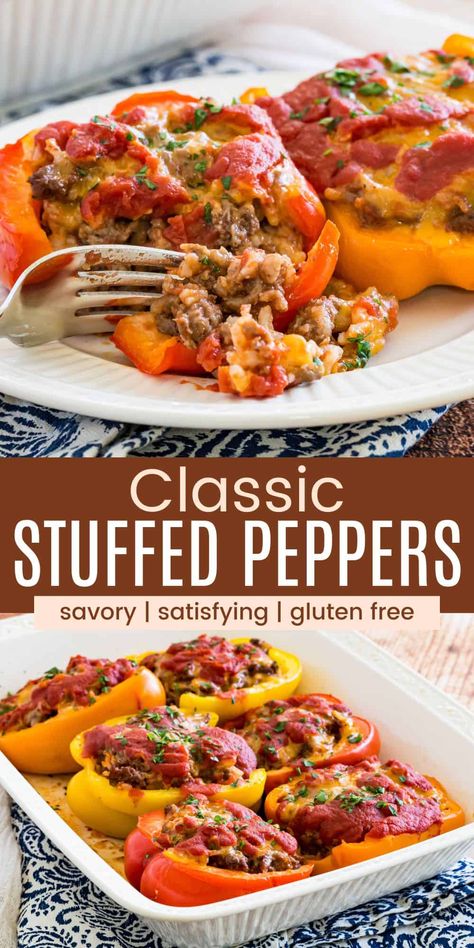 Classic Stuffed Peppers made with tender and sweet bell peppers filled with flavorful ground beef and rice with melty cheese. This recipe for hearty stuffed bell peppers is the perfect light meal, or you can serve them with your favorite side dishes. Easy Stuffed Bell Peppers, Stuffed Bell Peppers Ground Beef, Classic Stuffed Peppers, Easy Stuffed Pepper Recipe, Easy Stuffed Peppers, Bell Pepper Recipes, Melty Cheese, Healthy Dinner Recipes For Two, Dinner Recipes For Two