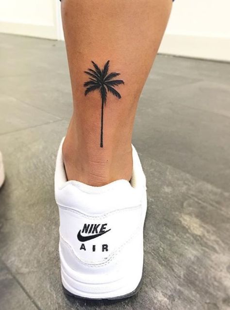 Tree Tattoo Ankle, Palm Tree Tattoo Ankle, Tato Minimal, Tattoo Tiny, Tattoo Diy, Tatuagem Masculina Pequena, Ankle Tattoo Designs, Palm Tattoos, Meaningful Tattoos For Women