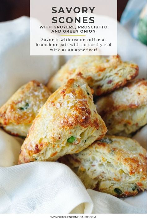 A recipe for Savory Scones with Gruyere, Prosciutto and Green Onion. Savor it with tea or coffee at brunch or pair with an earthy red wine as an appetizer. Buttermilk keeps these flavorful, cheesy scones moist; get this versatile recipe today!   #scones #savory #buttermilk #cheese Savory Scones Recipe, Green Onions Recipes, Scones Recipe Easy, Scones Easy, Savory Cheese, Savory Scones, Tarte Fine, Onion Recipes, Green Onion