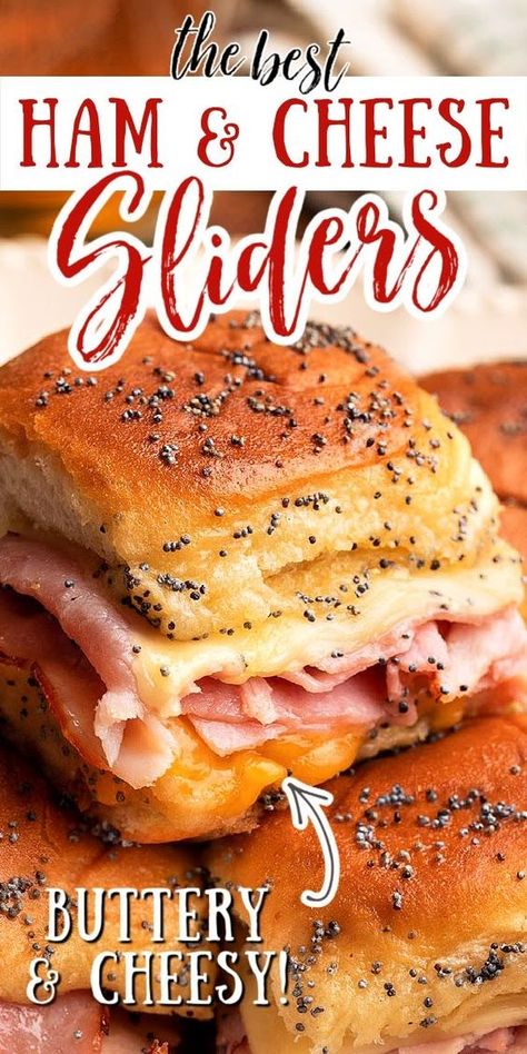 Make the ultimate game day appetizer with these Baked Ham and Cheese Sliders. These delicious bites are stacked on Hawaiian rolls with a Dijon mustard and mayo spread, and baked to perfection in a buttery poppyseed sauce. Perfect for any casual party, these sliders are a must-try among easy appetizer recipes. Ham Sliders Recipes, Baked Ham And Cheese Sliders, Hawaiian Roll Sandwiches, Sliders Recipes Hawaiian Rolls, Easy Slider Recipes, Ham Cheese Sliders, Ham Sliders, Rolled Sandwiches, Ham And Cheese Sliders