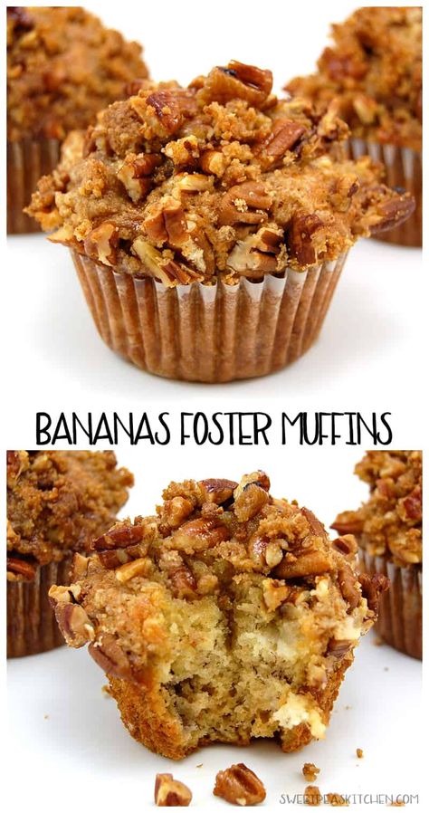 Banana Foster Muffins, Banana Foster Banana Bread, Bananas Foster Banana Bread, Bananas Foster Muffins, Banana Foster Cupcakes, Bananas Foster Cookies, Banana Strudel Muffins, Stuffed Muffins Recipes, Brown Butter Banana Muffins