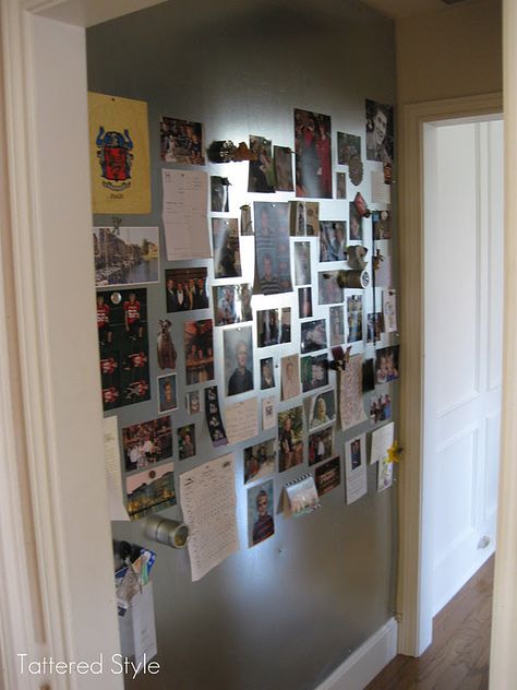 As promised, I wanted to share with you something I've affectionately dubbed my magnetic "Life Board." A few years ago I wante... Magnet Display Ideas, Metal Sheet Wall, Groutless Tile, Metal Magnet Board, Sheet Metal Wall, Travel Magnets, Magnet Wall, Bandsaw Projects, Merchandising Ideas