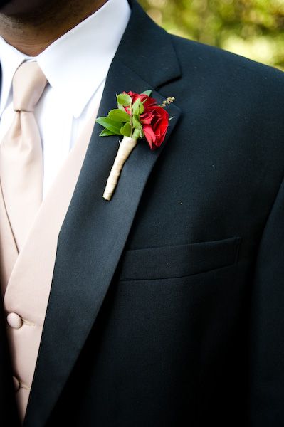 Red Boutineer Ideas, Red Boutineer, Boutineer Ideas, Red Corsages, Red Boutonniere, Champagne Tie, 40th Anniversary Party, Grooms Suit, Boutonnieres Prom