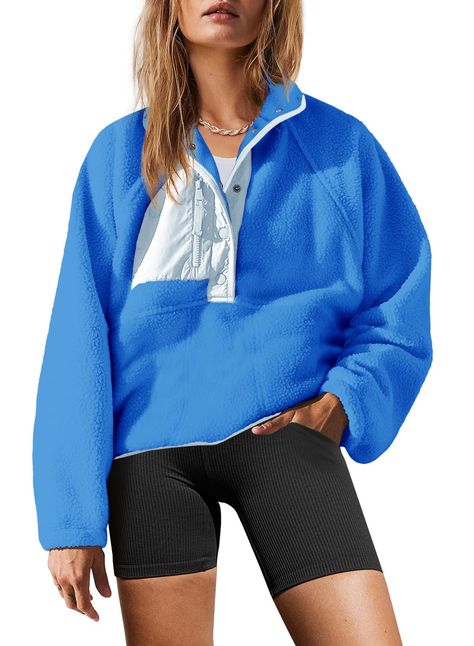 PRICES MAY VARY. Super soft fleece material, soft fluffy fleece fabric, comfortable and skin-friendly, makes you have a cute look, easy to match and wear it comfortable FASHION DEISGN: The button down sherpa pullover is very comfortable and loose to wear and you won't feel tight in it. It is made with soft fabric, nylon patches; zipper pockets; quarter-button closure, elastic cuffs, making it more comfy against the skin, can be worn next to your skin, you will never want to take it off. Features Cute Patagonia Pullover, Cute Cloths On Amazon, Bright Blue Clothes, Cute Back To School Clothes, Cute Fall Fits For School, Preppy Winter Clothes, Winter Clothes Design, Best Amazon Clothes, Cute Quarter Zip