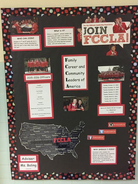 School Club Poster Board Ideas, School Club Bulletin Board Ideas, Bulletin Board Ideas For Clubs, Red And Black Bulletin Board Ideas, Club Poster Board Ideas, Club Board Ideas, Fccla Poster Ideas, Fbla Bulletin Board, Club Trifold Board Ideas