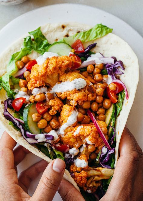 Vegan Buffalo Cauliflower Chickpea Wrap Flatbread Recipe Chickpea Buffalo, Chickpea Wrap, Cauliflower Baked, Cauliflower Chickpea, Buffalo Cauliflower Recipes, Vegan Buffalo Cauliflower, Spicy Cauliflower, Buffalo Cauliflower Bites, Cauliflower Tacos