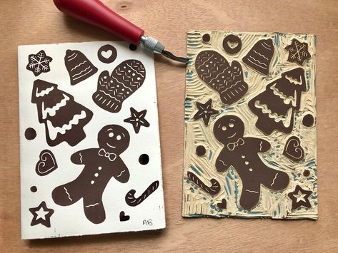 Handmade Linocut Gingerbread Christmas Cards Linoleum Print - Etsy Christmas Bazar, Print Making Designs, Linocut Design, Gingerbread Cards, Cute Christmas Cards, Lino Cuts, Stamped Christmas Cards, Print Christmas Card, Linoleum Print