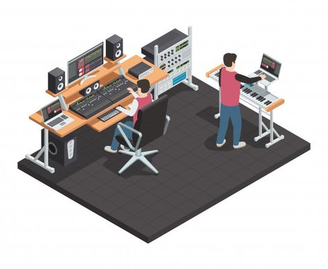 Music production studio room isometric interior with sound engineer and arrangement producer workpla Free Vector Event Poster Layout, Isometric Interior, Music Production Studio, Visual Illustration, Sound Engineering, Home Recording Studio Setup, Recording Studio Setup, Christmas Party Poster, Recording Studio Home