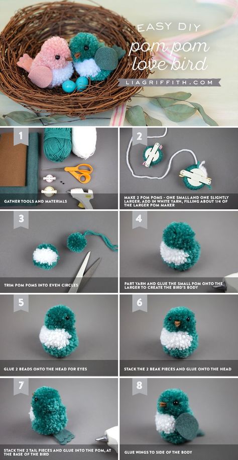 Pom Pom Love Birds Yarn Birds, Joululahjat Diy, Craft Spring, Pom Pom Animals, Projek Menjahit, How To Make A Pom Pom, Diy Pom Pom, Diy Yarn, Yarn Craft