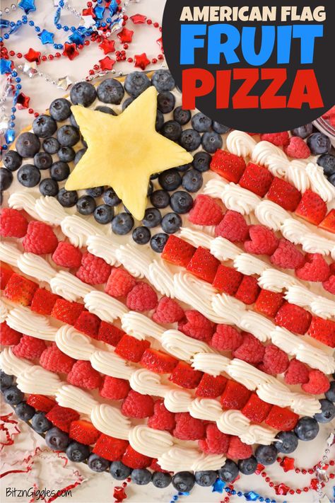 American Flag Fruit Pizza - A sweet sugar cookie crust topped with fluffy cream cheese frosting and fresh berries beautifully arranged to resemble the American flag. American Flag Fruit Pizza, American Flag Dessert, Flag Fruit Pizza, Fruit Pizza Ingredients, Patriotic Fruit Pizza, Fruit Pizza Frosting, Desert Food, Fluffy Cream Cheese Frosting, Strawberry Sugar Cookies