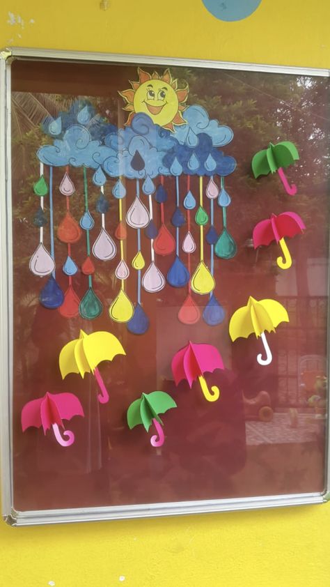 Rainy season board Rainy Season Decoration For School, Rainy Season Board Decoration Ideas, Rainy Season Craft, Birthday Chart For Preschool, Birthday Chart Classroom, Save Water Poster Drawing, Birthday Wall Decoration, Soft Board Decoration, Seasons Chart