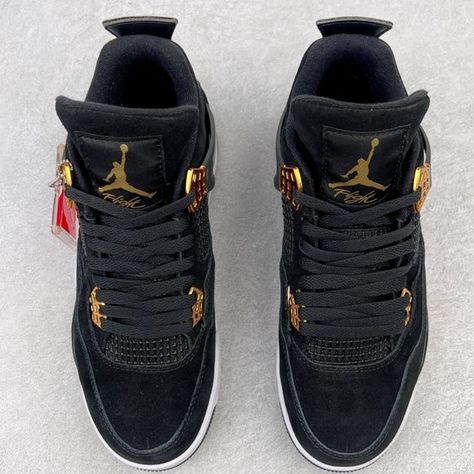 Size 11 Jordan 4 Classic black and gold sneakers Black And Gold Jordans, Black And Gold Sneakers, Black And Gold Shoes, Jordan Gold, Cute Casual Shoes, Jordan 4 Black, Nike Shoes Girls, Jordan 4s, Gold Sneakers