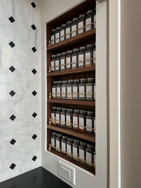 Exposed Spice Rack, Spice Rack Built Into Wall, Inset Spice Rack, Classy Spice Rack Ideas, Spice Rack With Brass Rail, Side Cabinet Spice Rack, Recessed Spice Cabinet, Shallow Spice Cabinet, Industrial Spice Rack