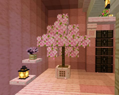 Cute Windows Minecraft, Pretty Pink Minecraft Houses, Small Pink House Minecraft, Cherry Blossom House Interior Minecraft, Cherry Blossom Cave House Minecraft, Enderportals Ideas Minecraft, Interior Designs Minecraft, Aesthetic Minecraft Base, Cherry Blossom Decor Minecraft