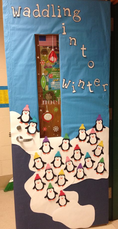 Winter Ideas For Classroom Doors, Preschool December Door Ideas, January Theme Classroom Door, Waddling Into Winter Door, Winter Themed Doors For Classroom, Preschool Door Winter Theme, Winter Holidays Classroom Door, Winter Theme Doors For Preschool, Winter Themed Door Decorations