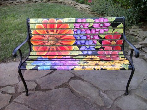 Amy Woods sweet bench!!! Have a seat!! Park Bench Ideas, Painted Outdoor Furniture, Armoire Design, Hand Painted Chairs, Painted Benches, Garden Bench Diy, Whimsical Painted Furniture, Outdoor Garden Planters, Whimsical Furniture