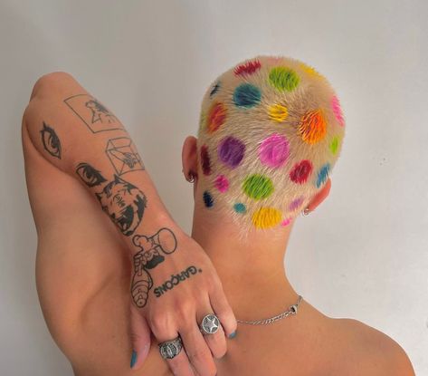 Shaved Hair Colour Designs, Fun Shaved Head Designs, Undercut Dye Designs, Colored Shaved Head, Shaved Head Patterns, Rainbow Buzzcut, Dyed Buzzed Hair Women, Buzz Cut Women Dyed, Buzzcut Colored Hair