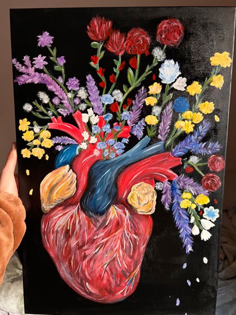 Black Heart Painting, Meaningful Painting Ideas, Painting Ideas Heart, Ideas Para Pintar Cuadros Aesthetic, Heart Painting On Canvas, Heart Shaped Canvas, Flowers Canvas Painting, Heart And Flowers, Acrylic Portrait Painting