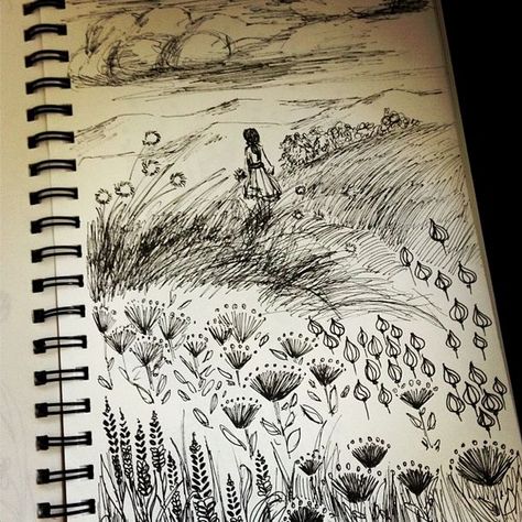 Ink Sketch doodle flowers girl meadow nature by Nicole Piar Field Of Flowers Drawing Pencil, Meadow Drawing Pencil, Flower Field Drawing Pencil, Flower Field Sketch, Field Of Flowers Drawing, Meadow Sketch, Flower Field Drawing, Meadow Drawing, Art Exercises