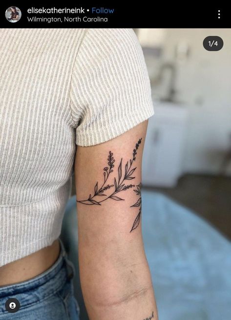 Scar Incorporation Tattoo, Greenery Wrap Tattoo, Double Knee Tattoos Women, Plant Tattoo Wrap Around, Greenery Wrap Around Tattoo, Dainty Botanical Tattoo, Fine Line Greenery Tattoo, Top Arm Sleeve Tattoo Women, Hip Tattoos Women Floral