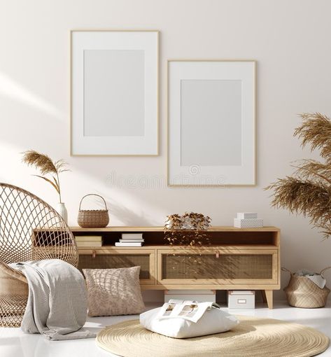 Mock up frame in home interior background, beige room with natural wooden furniture, Scandinavian style. 3d render royalty free stock images Cliff View, Landscape Art Prints, Bohemian Wall Art, White Poster, Print Black And White, Unframed Art Prints, Abstract Art Landscape, Rustic Wall, Mandalay