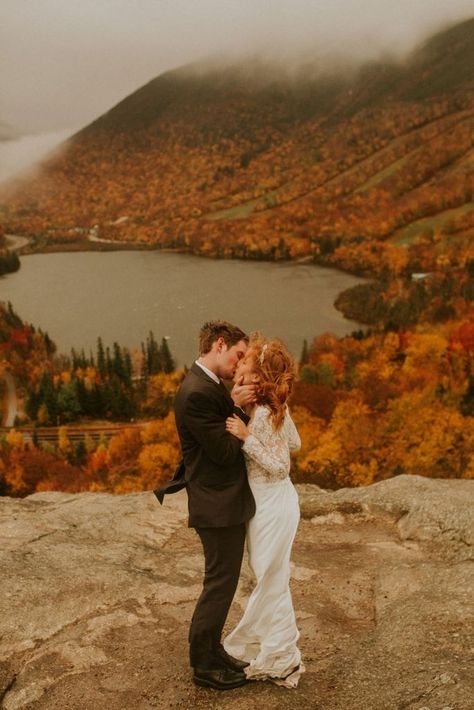 Oct 5, 2020 - Photographer: ElevenEleven Films Session: Elopement Location: Artists Bluff, White Mountains, New Hampshire From the Photographer: “We braved the crazy weather and hiked to the top of a mountain. We met several people hiking down along the way that warned us of the crazy wind at the top… they changed and got ready … Autumn Mountain Wedding, Ancestral Diet, Autumn Elopement, Dream Elopement, Fall Mountain Wedding, Wedding Wednesday, Wedding Autumn, Anniversary Shoot, Fall Wedding Photos