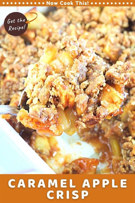 This easy homemade Caramel Apple Crisp is the perfect fall dessert! It's got warm, soft apples with cinnamon and caramel topped with a buttery, crisp oat streusel, and is so good topped with vanilla ice cream (and more caramel!). Get the recipe and give it a try! Carmel Apple Crumble Recipe, Caramel Apple Cobbler Easy, Golden Delicious Apple Crisp, Apple Caramel Cobbler, Apple Caramel Crisp Recipe, Apple Crisp With Caramel Drizzle, Apple Crumble Caramel, Honey Crisp Apple Dessert Recipes, Apple Crisp With Nuts Recipe