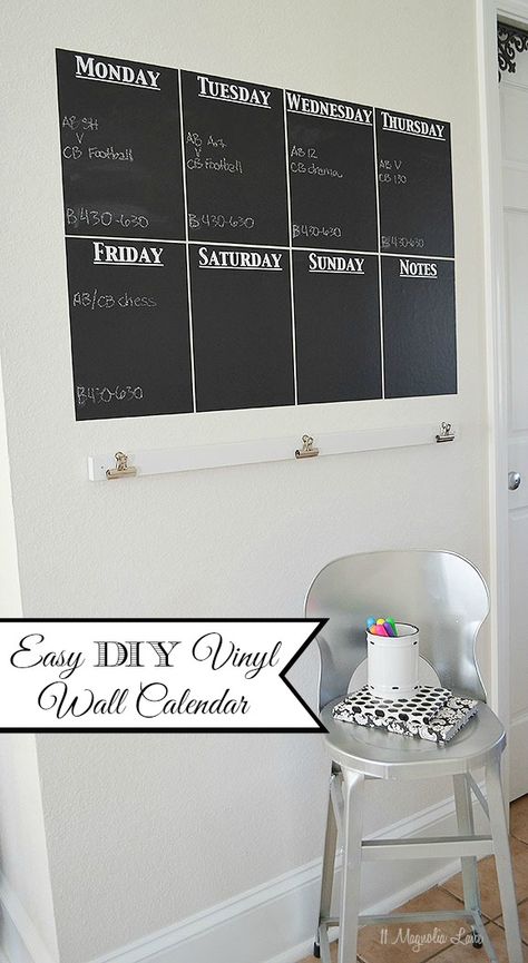 How to use chalkboard vinyl to make an easy DIY week at a glance calendar - great for keeping track of the whole family! An easy Silhouette CAMEO or Portrait project | 11 Magnolia Lane Chalkboard Wall Calendars, Family Organization Wall, Command Station, Chalkboard Wall Bedroom, Organization Wall, Farmhouse Office Decor, Chalkboard Vinyl, Family Organization, Chalkboard Calendar