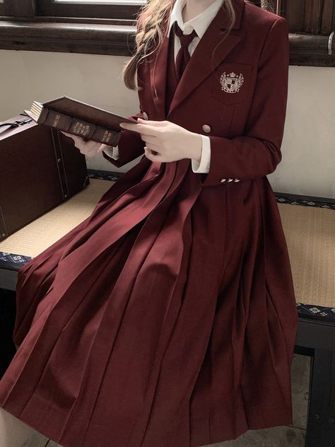 A set in which the ribbon on the chest shines in a red-colored style. The high-class jumper skirt and jacket are reminiscent of the daughter of a count who attends a prestigious school. The red-dyed ribbon creates a lovely atmosphere, and you will fall in love with its appearance.     <item>     Jumper skirt: Skirt length 60cm (S size, M size, L size, XL size)   Jumper skirt: Skirt length 65cm (S size, M size, L size, XL size)   Jumper skirt: Skirt length 70cm (S size, M size, L size, XL size Long Pleated Dress, Plus Size Beach Wear, Tea Japanese, Red Uniform, Clothes Anime, Uniform Style, High School Uniform, Number 100, School Uniform Fashion