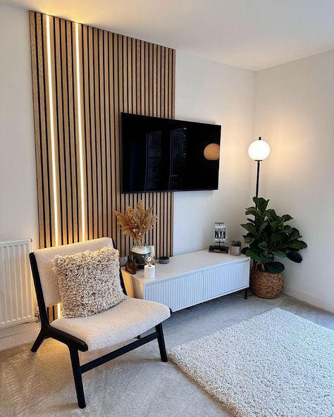 Boho Bedroom Wood Paneling, Wooden Slat Panelling, Modern Wood Paneling Walls Living Room, Wood Panels Living Room Wall, Living Room Wooden Panelling, Lounge Slat Wall, Slat Living Room Wall, Living Room Designs Wood Wall, Acoustic Wall Bedroom