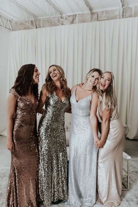 Silver Sequins and Disco Balls Made This Factory Atlanta Wedding Pure Freakin’ MAGIC Metallic Bridal Party, Boho Disco Wedding Bridesmaids, Nye Wedding Bridesmaid Dresses, Shimmery Bridesmaid Dresses, Disco Wedding Bridesmaids, Disco Wedding Outfit, Disco Bridesmaid Dresses, Disco Bridesmaids, Disco Wedding Dress