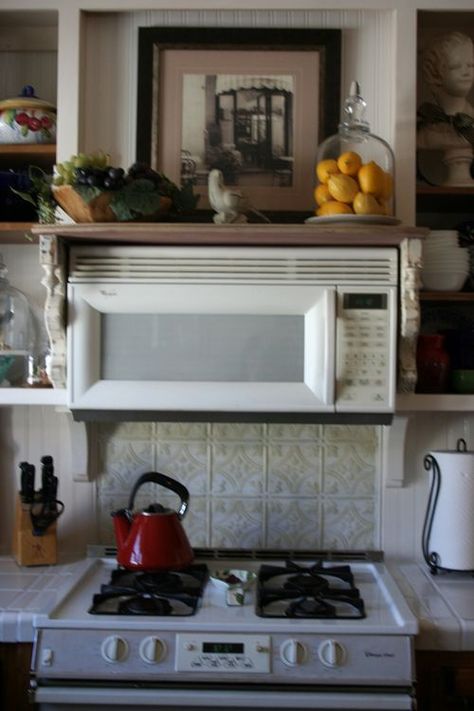 for over the microwave, don't need the doors over never use them. Open Shelving With Microwave, Above Microwave Cabinet Ideas, Microwave Above Stove Ideas, Microwave Shelf Over Stove, Microwave Above Stove, Over The Stove Microwave, White Kitchen Wallpaper, Kitchen Mantle, Microwave Cabinet