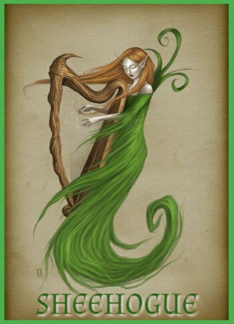 The Irish word for fairy is sheehogue [sidheóg], a diminutive of "shee" in banshee. Irish Harp Drawing, Ireland Tattoo, Autumn Deep, Irish Fairy, Celtic Harp, Cd Cover Design, Irish Harp, Harps Music, Irish Tattoos