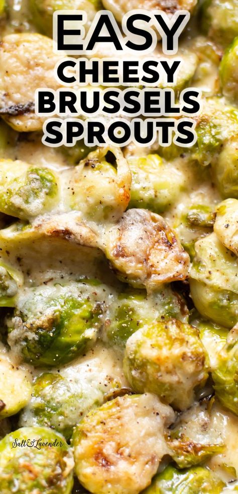 closeup of baked brussels sprouts with text overlay that reads easy cheesy brussels sprouts Cheesy Brussels Sprouts, Brussel Sprout Recipes With Cheese, Scalloped Brussel Sprouts, Brussels Sprout Casserole Recipe, Brussels Sprouts With Cheese, Brussels Sprout Bake, Frozen Brussel Sprouts Recipes, Cheesy Baked Brussel Sprouts, Brussels Sprouts Casserole