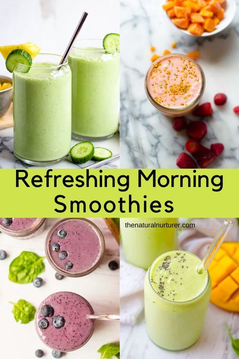 Wake up and start the day with one of these healthy morning smoothie recipes! All of them are refreshing, simple to make, full of fruits and veggies, and the perfect foot to start any day out on. Energizing Smoothies Mornings, Wake Up Smoothie, Morning Smoothie Recipes Healthy, Healthy Morning Smoothies, Peach Banana Smoothie, Morning Smoothie Recipes, Blueberry Spinach Smoothie, Natural Nurturer, Easy Breakfast Smoothies