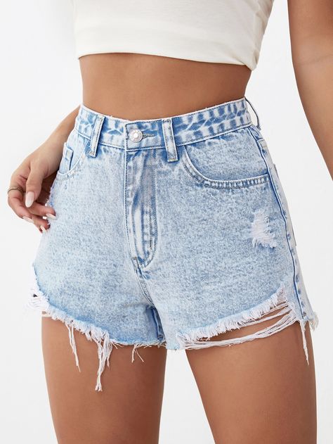 SHEIN Ripped Raw Hem Denim Shorts | SHEIN USA Jean Shorts Light Wash, Shein Jean Shorts, Rome Outfits, Halloween Costume Suit, Women Denim Shorts, Clothing Finds, Shein Shorts, Casual Denim Shorts, Ripped Jean Shorts