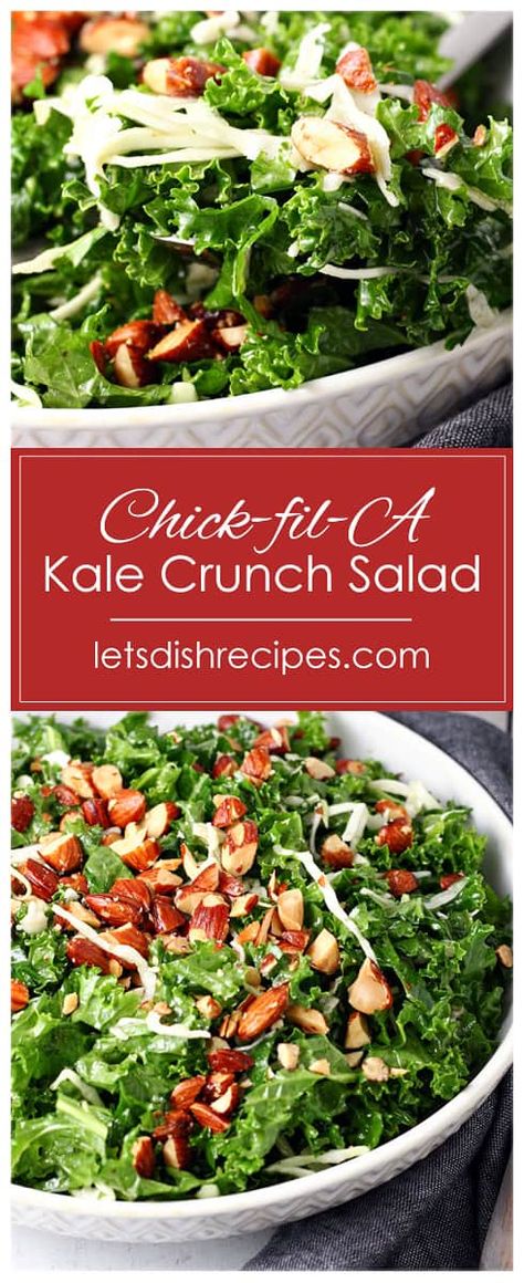 Copycat Chick-fil-A Kale Crunch Salad Recipe -- Just like the popular Chick-fil-A side, this healthy salad features kale, cabbage and extra crunch from salty toasted almonds. Lettuce Kale Salad, Hot Kale Salad Recipes, Cabbage Kale Salad Recipes, Side Kale Salad, Veggie Salads Healthy, Good Kale Recipes, Delicious Kale Salad, Copycat Kale Crunch Salad Chickfila, Kale And Cucumber Salad