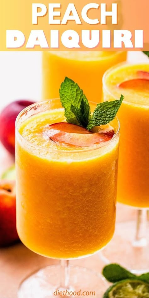 Peach Daiquiri blended to a frosty perfection with ripe peaches, rum, and a hint of citrus. This fruity cocktail will transport you to your own tropical paradise. Peach Daiquiri Recipe Frozen, Peach Rum Cocktail, Peach Rum Drinks, Peach Alcoholic Drink, Peach Juice Cocktail, Latin Drinks, Peach Daiquiri Recipe, Peach Cocktail Recipe, Peach Rum