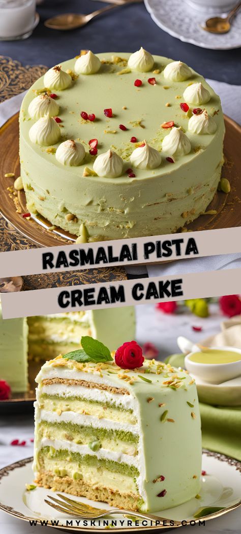 Indulge in the luxurious fusion of traditional rasmalai and light sponge cake with this Rasmalai Pista Cream Cake! Perfect for any festive occasion. #RasmalaiCake #FusionDessert #Baking #CakeLovers 🎂✨ Rasmalai Cupcakes, Rasmalai Cake Recipe, Rasmalai Cake, Pistachio Cake Recipe, Cake Flavours, Bday Decor, Pastry Design, Pistachio Cream, Luxury Cake