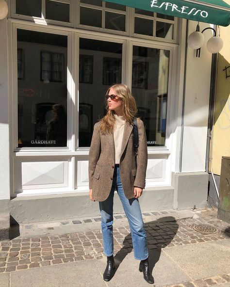 e6d8545daa42d5ced125a4bf747b3688desc47340792ri Oversized Vintage Blazer Outfit, Jeans Women 2024, Brown Booties Outfit Fall, Checked Jacket Outfit, French Academia, Academia Outfit Inspiration, Cecilie Moosgaard, Fall California, Clothing Basics