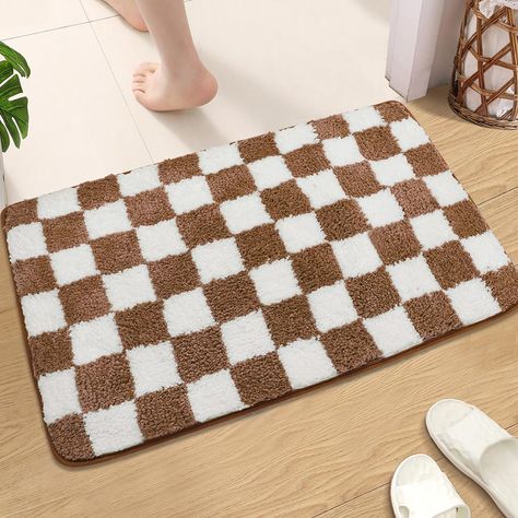 PRICES MAY VARY. 【Comfortable Soft】The Checkered Bath Mat fabric is made of high-quality short plush material。The fabric is soft and fluffy. More breathability. Take better care of your delicate feet. Let you have a better bath experience. 【Strong Water Absorption】This Checkered Bath Rug fabrics with large surface area shall be selected. The fabric has dense pores. It can absorb water better. Keep your feet and bathroom dry. 【Anti skid Design】 The Checkered Bath Rug is made of TPR material and a Brown White Bathroom, White Bathroom Rugs, White Bathroom Rug, Checkerboard Rug, Tub Bathroom, Bathroom Carpet, Hexagon Design, Boho Bathroom, Checkered Rug