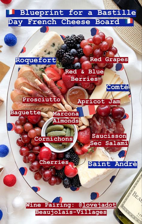 French Charcuterie Board France, French Inspired Charcuterie Board, Paris Charcuterie Board, French Themed Charcuterie Board, French Chacutery Board, Olympic Themed Appetizers, French Olympics Party, French Charcuterie Board Ideas, French Summer Food