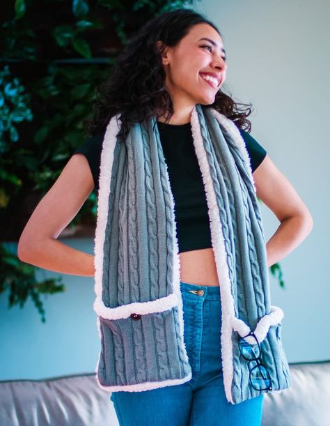 Warm, and comfortable during whether at home or outdoors. It features extra large sleeves and comfy front warming pockets. It will keep you warm and cozy. #winter #reversible #scarf Pocket Scarf, Pocket Scarves, Cable Knit Scarf, Sweatshirt Blanket, Winter Plaid, Reversible Scarf, Shoulder Wrap, Wrap Shawl, Knit Wrap